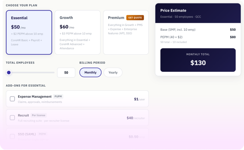 greytHR price calculator preview showing plans, employee count slider, and add-ons selection